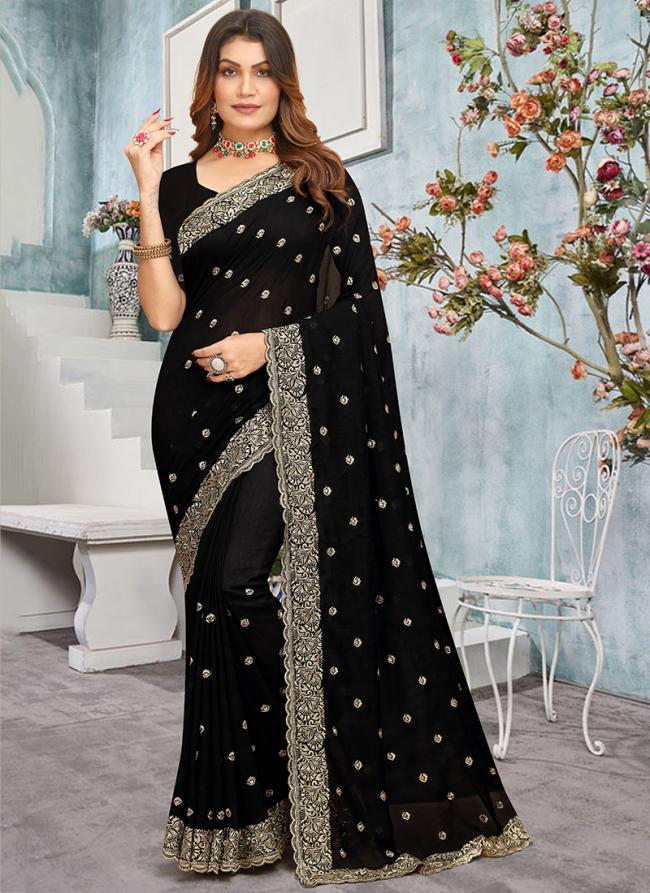 Vichitra Blooming Black Wedding Wear Jari Work Saree